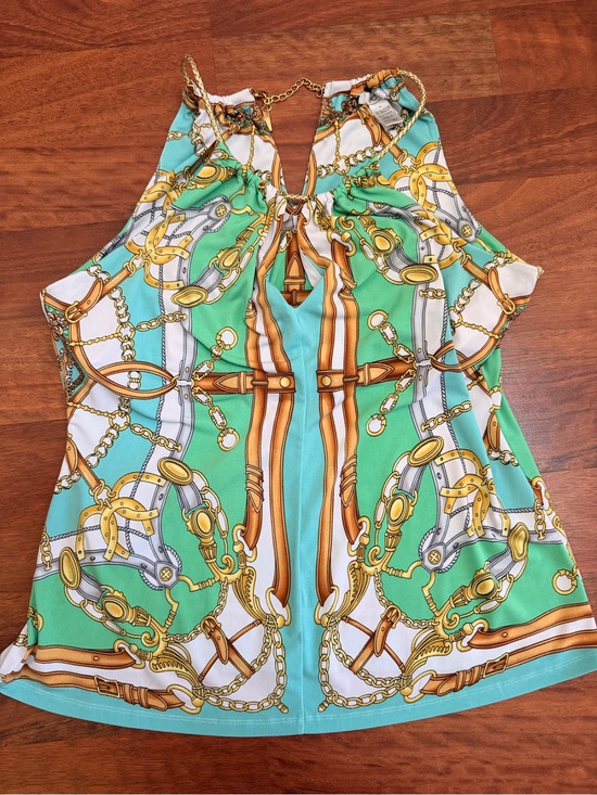 Cache Tops - Cache Aqua, Mint & White Halter Camisole with Gold Chain Print XL